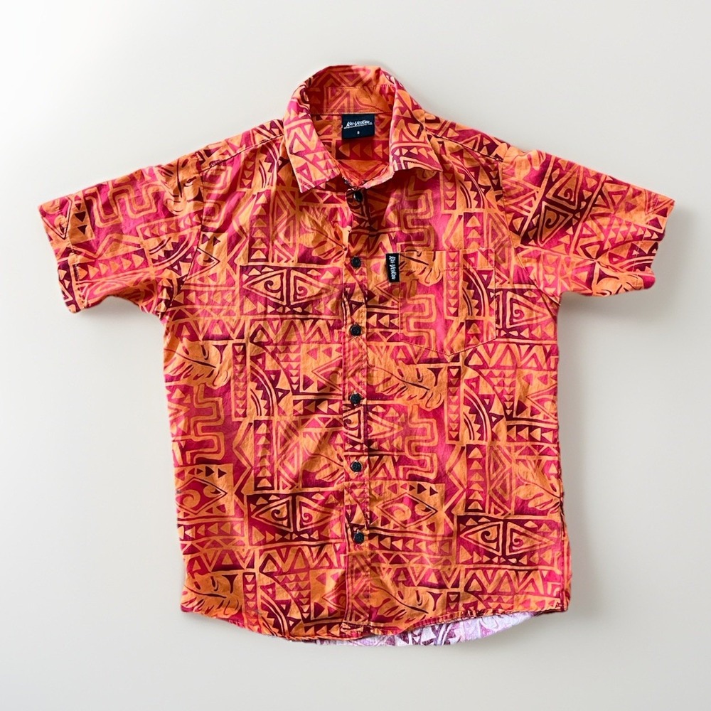 Kai Veikau Fiji/Hawaii Shirt Orange Tribal Print Aloha Button Down - Mens Small